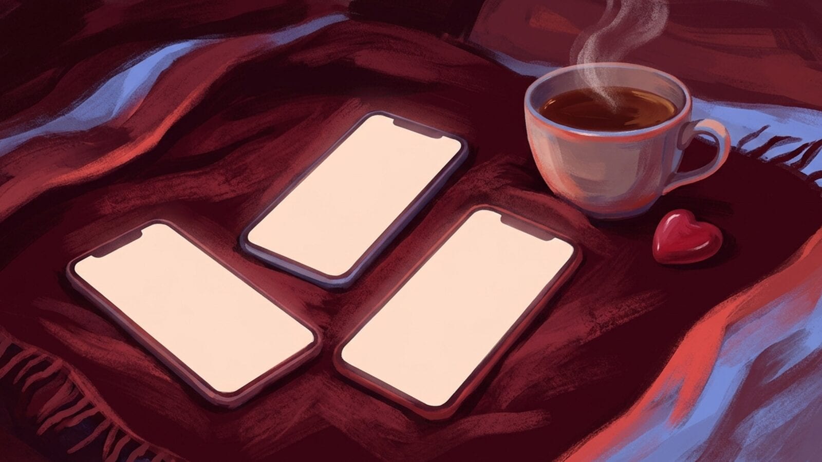 Three phones with blank glowing screens on a dark red blanket, next to a steaming cup of tea and a small red heart.