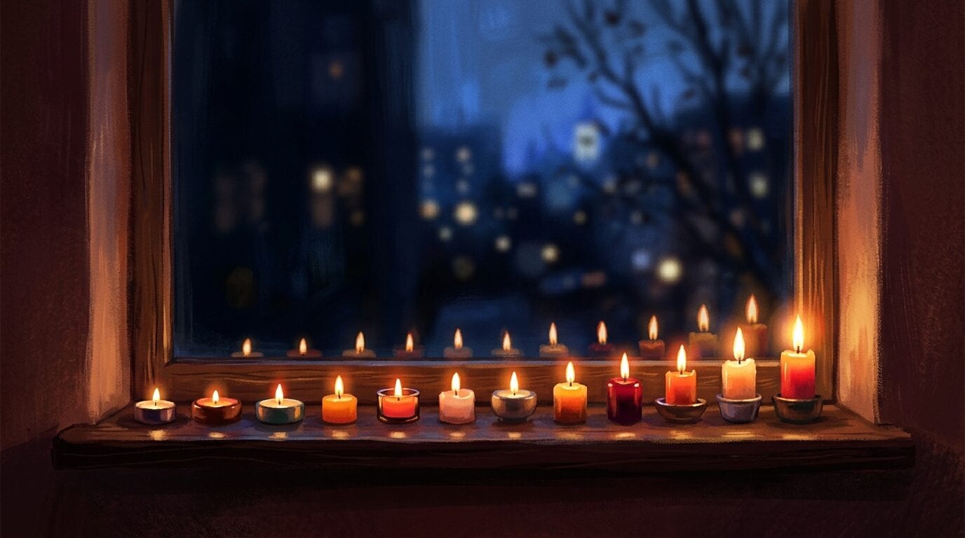 A row of small lit candles on a windowsill at night, each one a little brighter than the last.