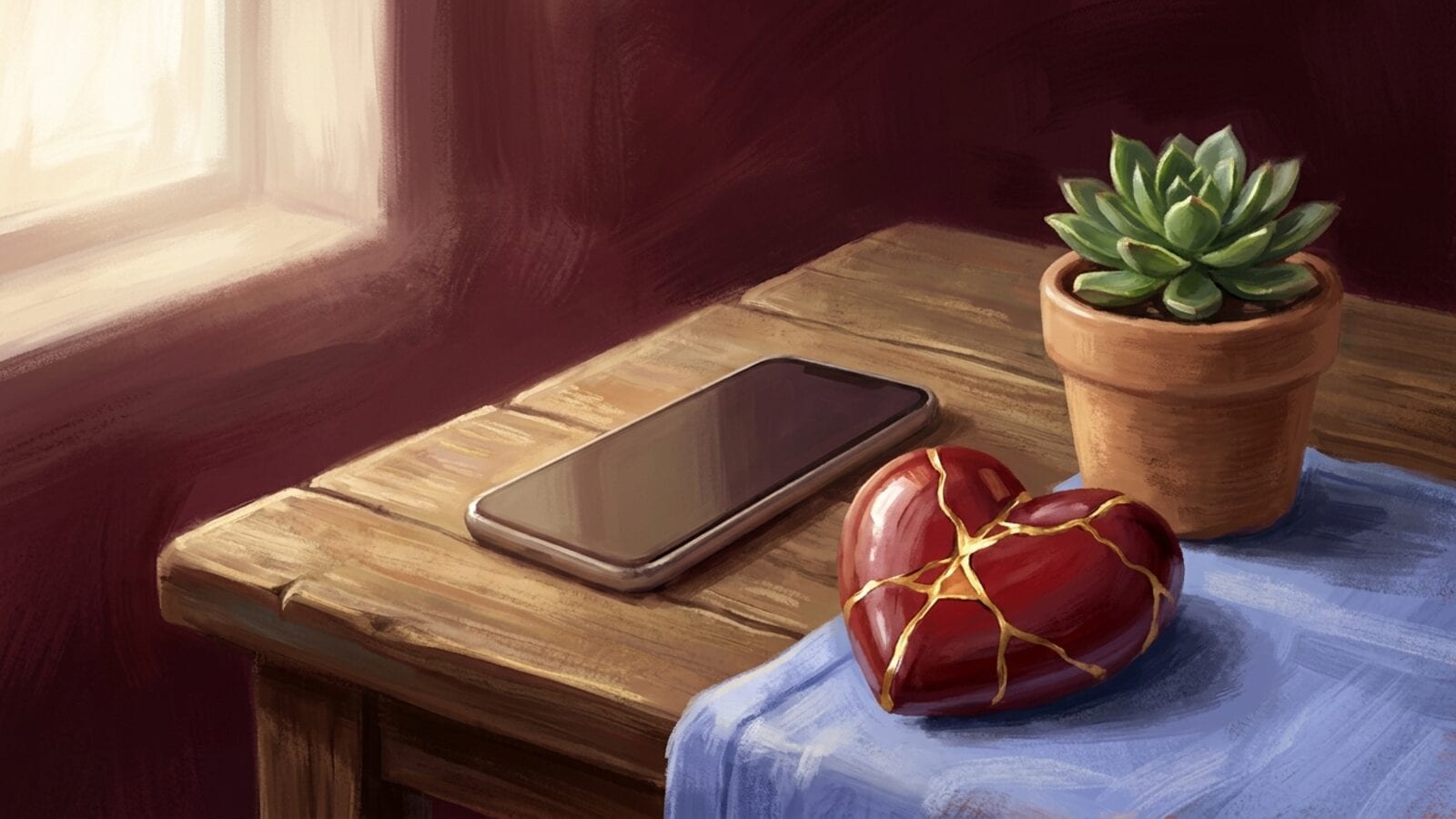 A breakup recovery scene in warm maroon and red tones, a quiet room lit for a fresh start.