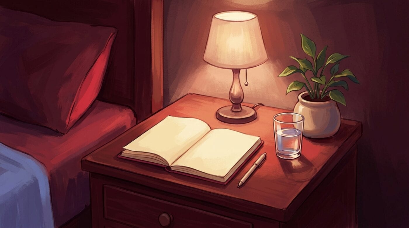 An open blank notebook and a pen on a bedside table under a lamp.
