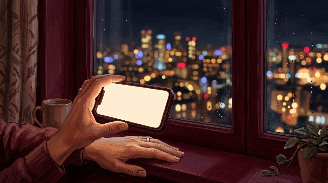 A hand holding a phone with a blank glowing screen by a night window, city lights blurred behind the glass.