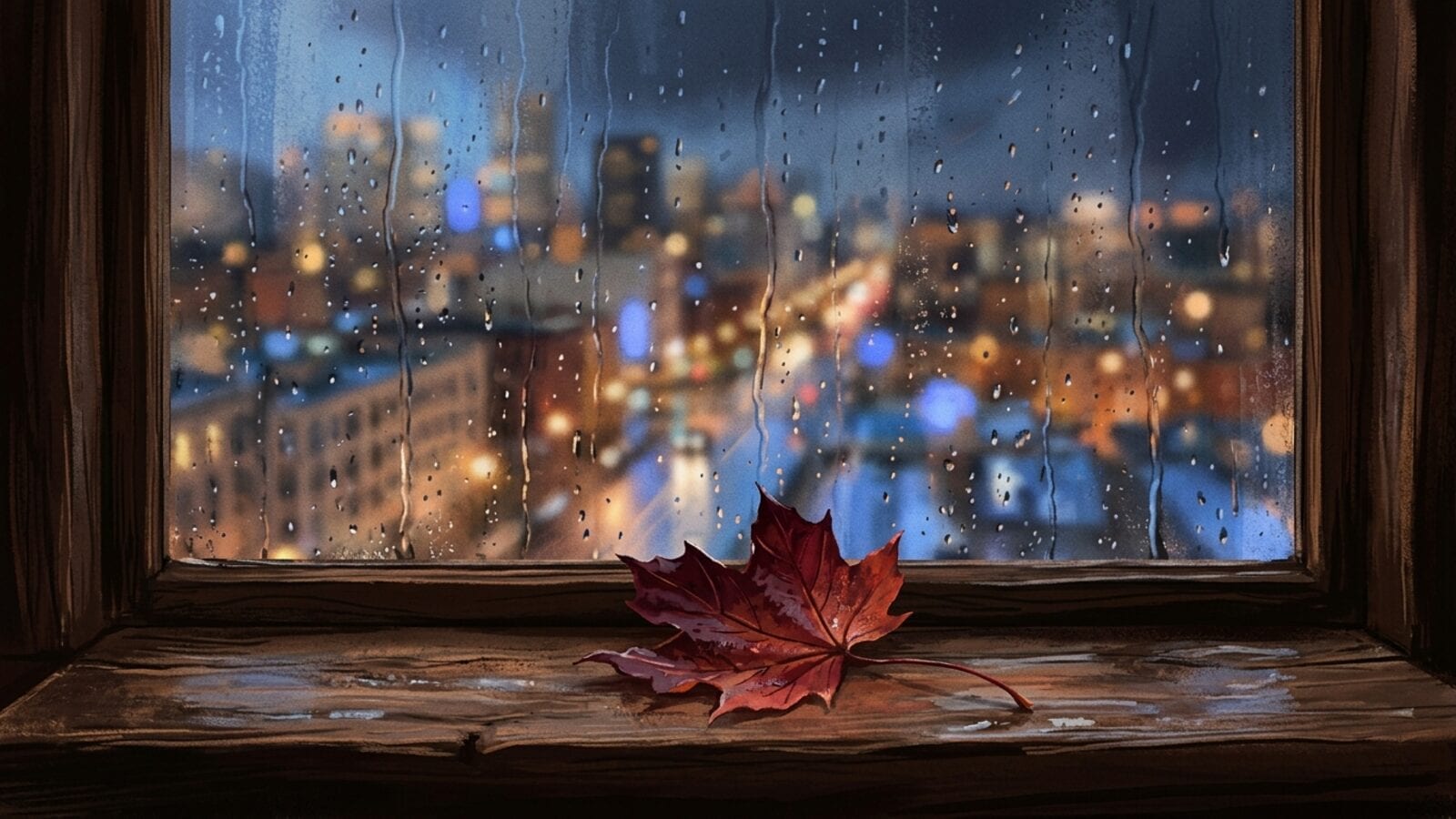 A single autumn leaf on a windowsill, with rain-streaked glass at dusk behind it.