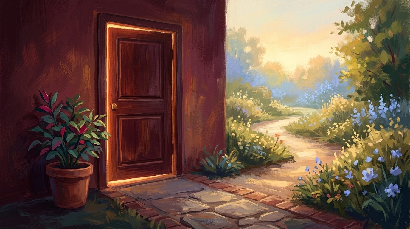 A closed wooden door with warm light around its edges, beside a path leading into a bright garden.