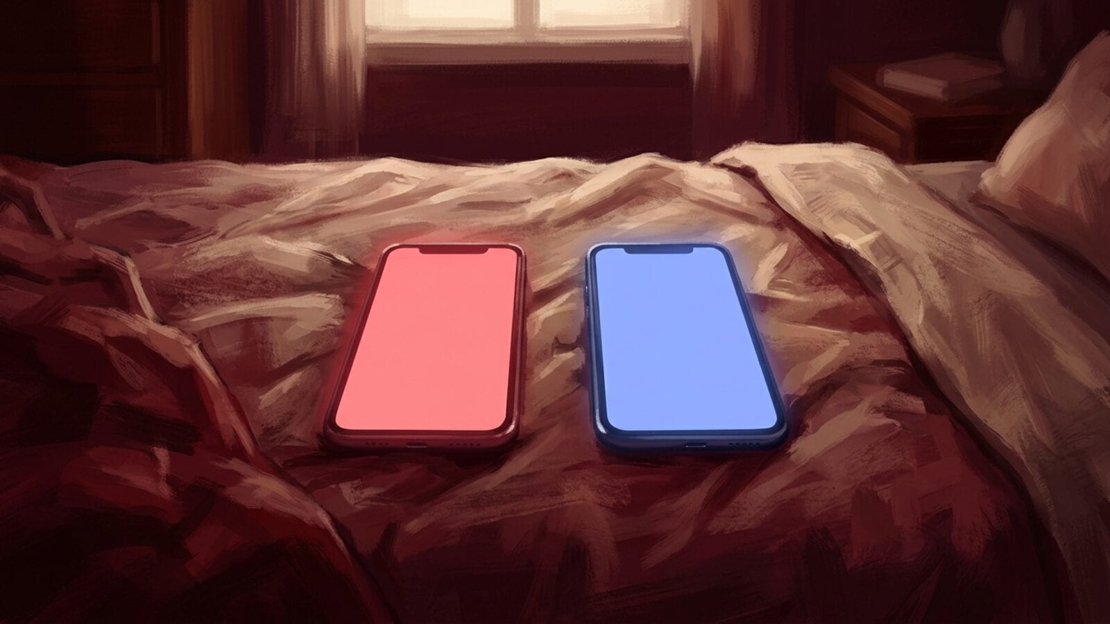 Two phones lying side by side on an unmade bed at night, one screen glowing red and the other soft blue.
