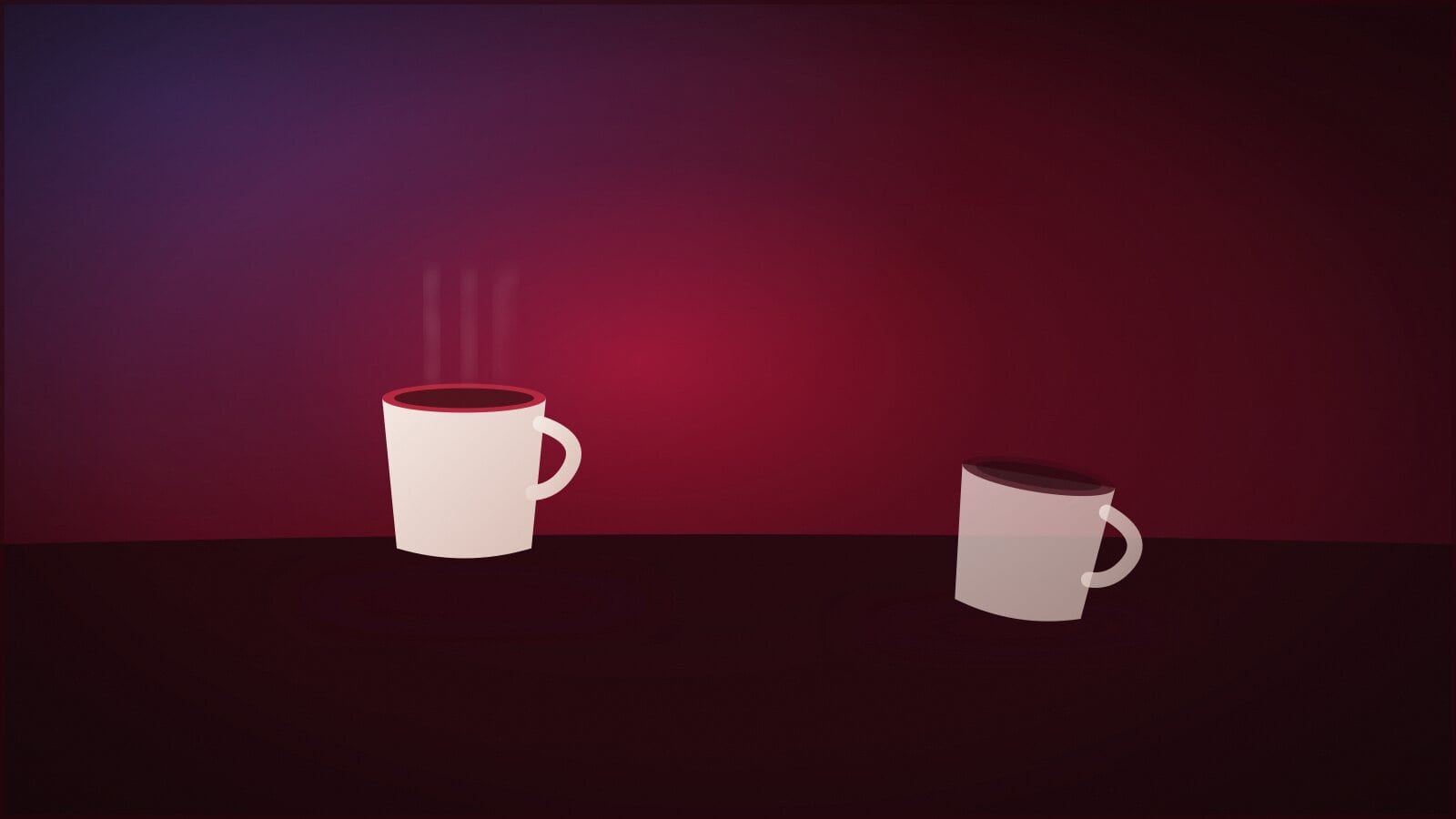 Zwei unterschiedliche Kaffeetassen auf einem Cafétisch, eine davon weggeschoben, in warmem Licht