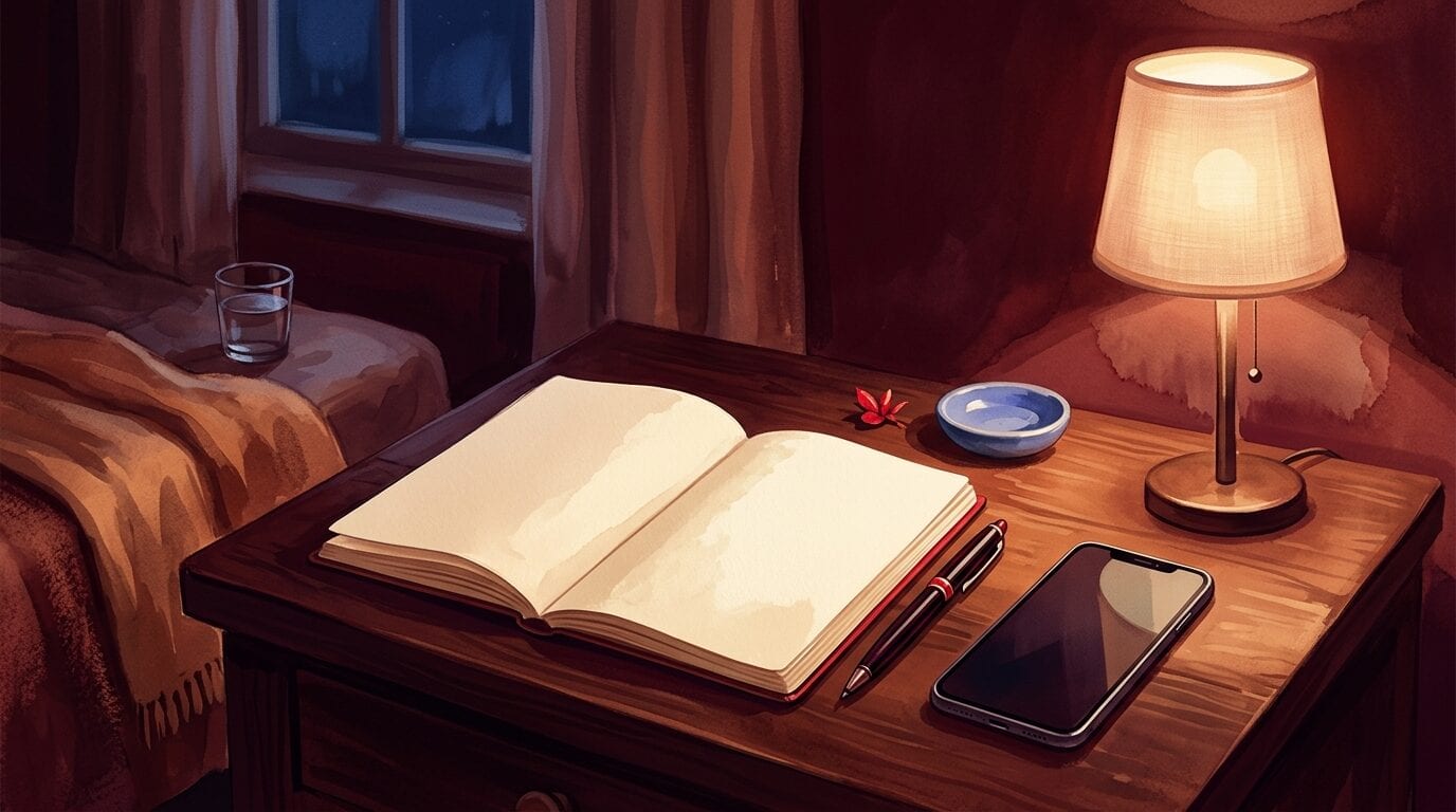 A bedside table with an open blank journal, a pen, a phone lying face-down and a warm lamp.
