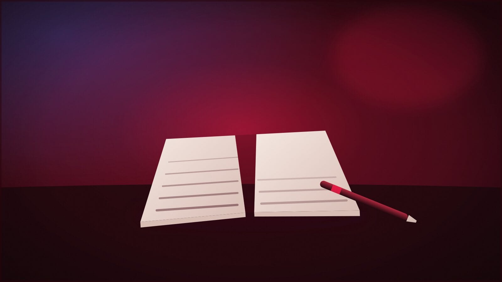 Ein aufgeschlagenes Notizbuch und ein Stift auf einem dunklen Tisch, eine Seite halb beschrieben, im warmen Lampenlicht.