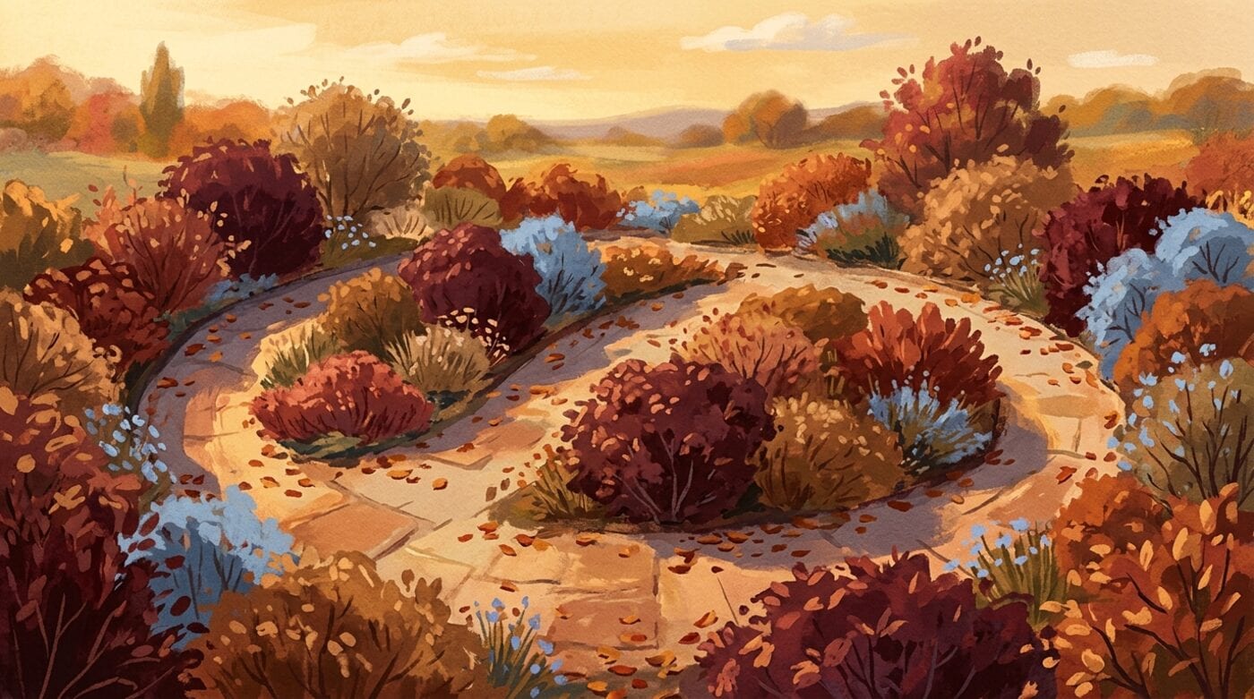 A garden path among autumn shrubs that curves back on itself.