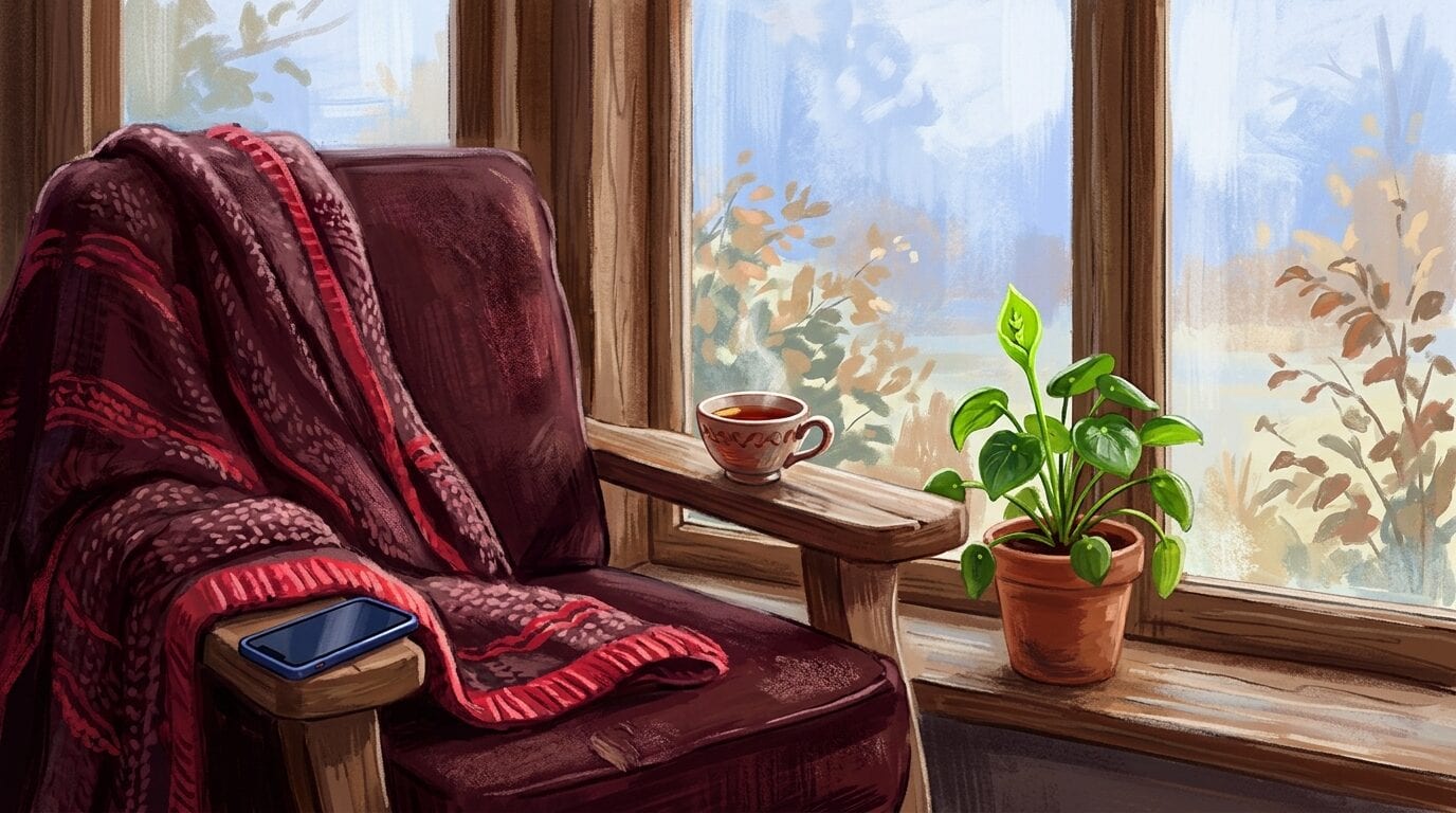 A cozy maroon armchair by a window, a phone face-down on the armrest, a cup of tea, and a plant with a new shoot.