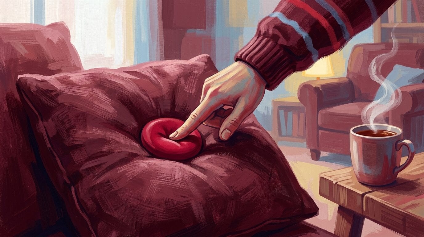 A hand pressing a soft red button on a cushion, with a steaming cup of tea on the table nearby.