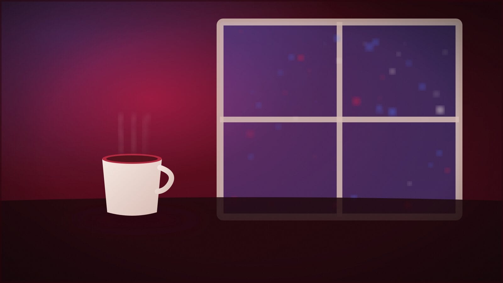 Eine einzelne Tasse Tee nachts auf der Fensterbank, dahinter verschwommene Lichter der Stadt.